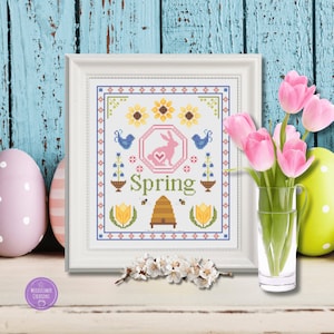 Springtime Counted Cross Stitch Sampler, Quaker Cross Stitch, Easter Xstitch Chart, Bunny and Bees, Bee Skep and Bees, Instant PDF Download