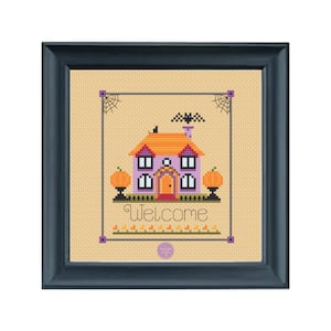 Pumpkin Cottage Halloween Cross Stitch Pattern, Autumn Welcome Sign (PDF Pattern)