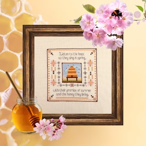 Listen to the Bees, Counted Cross Stitch Pattern, Beehive Xstitch chart, Spring Stitching, Bee Skep and Honey Bees, PDF instant download