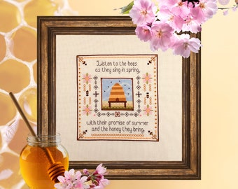 Bee Sampler Counted Cross Stitch Pattern: Spring Beehive Xstitch (PDF Download)
