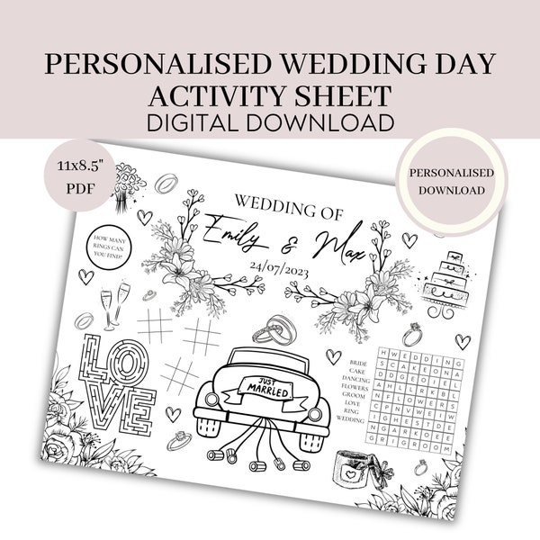 Personalised Kids wedding activity mat, Reception fun, Kids Printable Wedding placemat, Kids Wedding Pack, Made to Order Digital Download