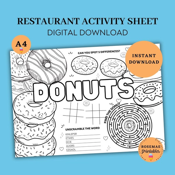 Kids restaurant activity mat, kids birthday party favor, party placemat color activity, Donut lover fun sheet, Instant Digital Download