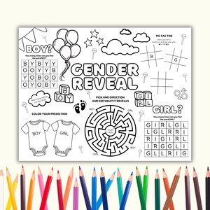 Gender Reveal Printable Activity Placemat, Gender reveal party placemat, Printable baby shower gender predictor coloring sheet for kids, image 3