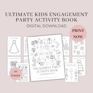 May include: A black and white printable activity book for kids celebrating an engagement party. The book includes 10 pages of activities such as coloring, word searches, matching games, and more. The cover features the text "Engagement Party Activity Book" and "This book belongs to".