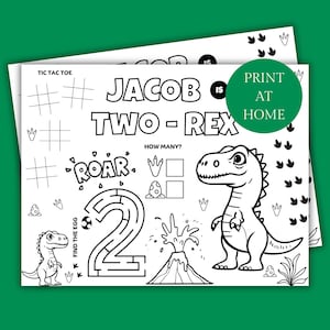 May include: A printable coloring page featuring a dinosaur, a volcano, and a maze. The page is titled "Jacob is Two-Rex" and includes the text "Roar" and "How many?" The page also includes a tic-tac-toe game and a "Find the Egg" maze.