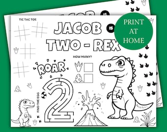 Personalised Two Rex Birthday Party Printable Placemat Activity Customised Two Rex Party Favor placemat Two Rex party games color page