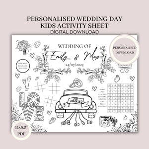 Personalised Kids wedding activity mat Reception fun Childrens Printable Wedding placemat Kids Wedding Pack Made to Order Digital Download