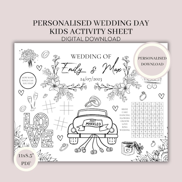 Personalised Kids wedding activity mat Reception fun Childrens Printable Wedding placemat Kids Wedding Pack Made to Order Digital Download
