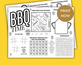 BBQ Activity placemat for kids, BBQ worksheet for children, Instant Digital Download, Summer time BBQ Kids Printable, Restaurant kids fun