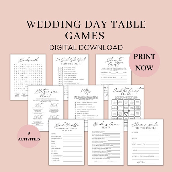 Wedding reception games, wedding table games bundle, wedding day reception ice breakers, bride&groom trivia, Instant Digital Download