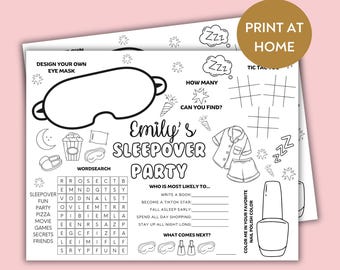 Personalised sleepover kids activity placemat, Customized kids printable slumber party fun sleepover placemat Made to Order Digital Download