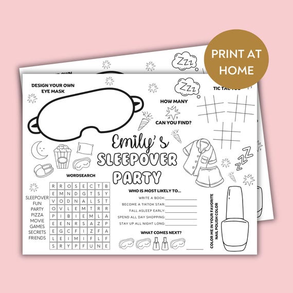 Personalised sleepover kids activity placemat, Customized kids printable slumber party fun sleepover placemat Made to Order Digital Download