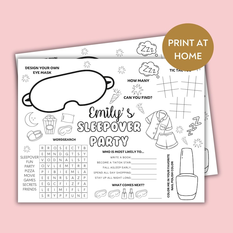 Personalised sleepover kids activity placemat, Customized kids printable slumber party fun sleepover placemat Made to Order Digital Download image 1