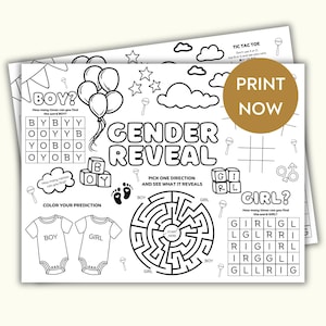Gender Reveal Printable Activity Placemat, Gender reveal party placemat, Printable baby shower gender predictor coloring sheet for kids, image 1