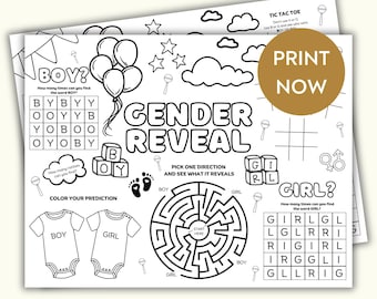 Gender Reveal Printable Activity Placemat, Gender reveal party placemat, Printable baby shower gender predictor coloring sheet for kids,