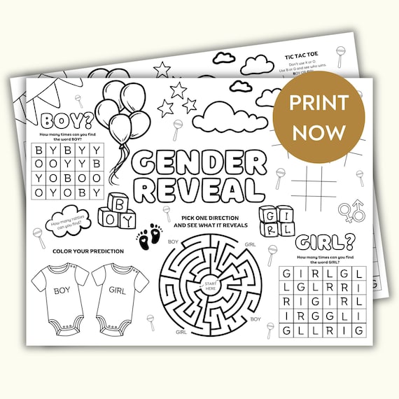Gender Reveal Printable Activity Placemat, Gender reveal party placemat, Printable baby shower gender predictor coloring sheet for kids,