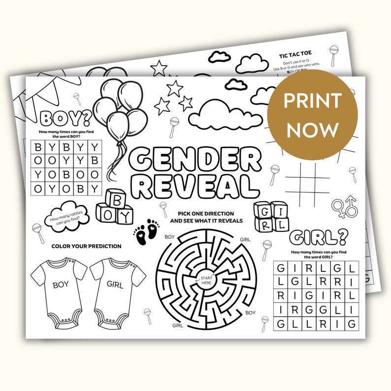 Gender Reveal Printable Activity Placemat, Gender reveal party placemat, Printable baby shower gender predictor coloring sheet for kids, image 1