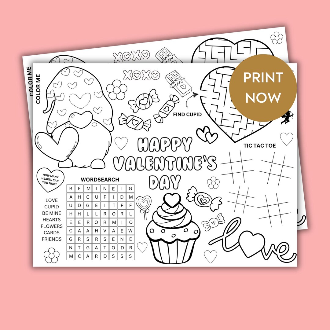 Valentines Day Activity Placemat for Kids, Printable Valentines Game ...