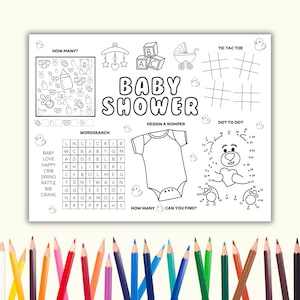 May include: A black and white printable baby shower activity sheet with games like 'How Many?', 'Wordsearch', 'Design a Romper', 'Tic Tac Toe', and 'Dot to Dot'.