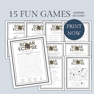 Printable Solar Eclipse Party Games, Eclipse Party, April 2024 solar eclipse printable, Family classroom activity, Total Eclipse party idea