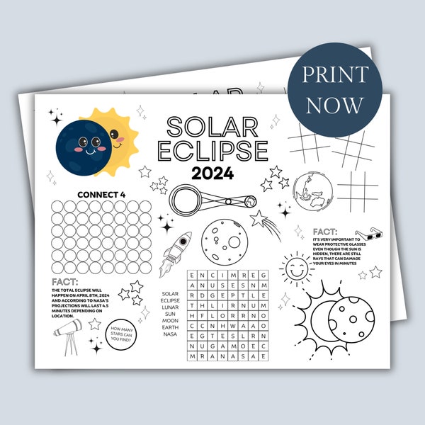 Solar Eclipse Kids Activity Placemat April solar eclipse printable color page 2024 solar eclipse classroom activity Total Eclipse party idea