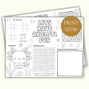 Axolotl Party afdrukbare placemat activiteit, Axolotl Party Favor placemat, afdrukbare Axolotl kleurplaten voor kinderen, Axolotl partygames kleurplaat