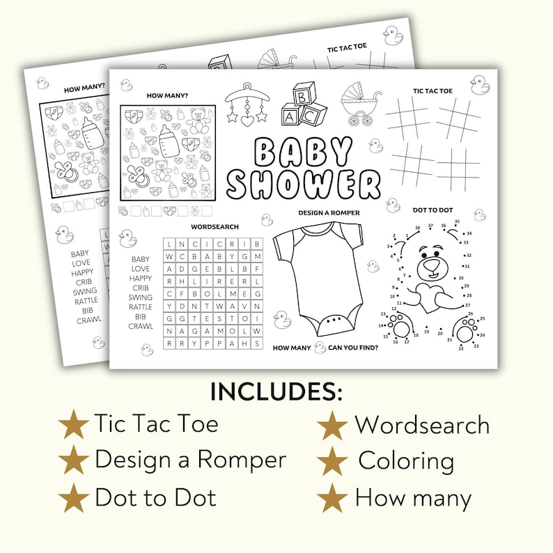 Baby Shower Printable Placemat Activity, Baby Shower placemat, Printable Baby Shower coloring for kids, Baby Shower kids games color page image 2