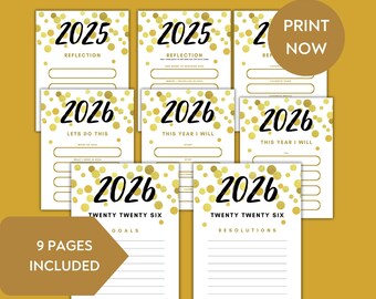 Neujahrs-Ausdrucke 2025-Reflexion, 2026-Ziele und Vorsätze, Familien-Neujahrs-Aktivität, Neujahrsidee, Spaß-Rückblick-Karten-Zeitkapsel