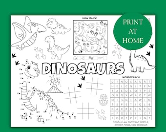 Dinosaur Activity Placemat for Kids, Printable Dinosaur Fun Games, Dino loving Coloring Activities, Dinosaur themed party Digital Download