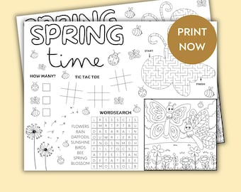 Spring time Activity placemat for kids, Spring worksheet for children, Instant Digital Download, Spring entertainment, Spring Kid Printable