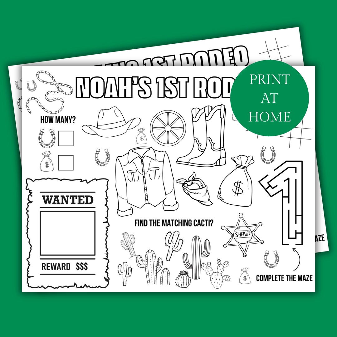 First Rodeo Activity Page Personalised First Rodeo Birthday Party Printable Placemat Activity ...
