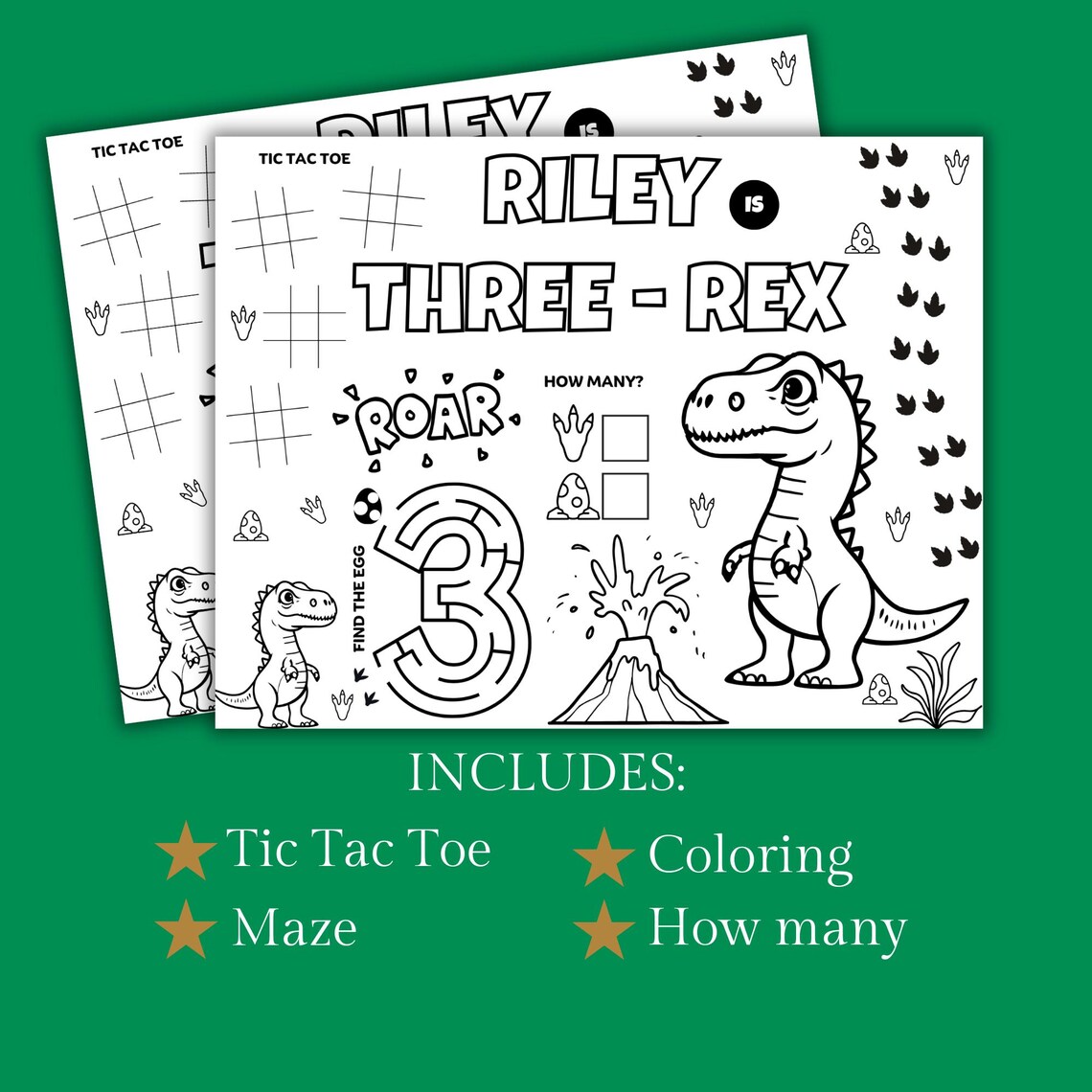 Three Rex Pattern Personalised Three Rex Birthday Party Printable Placemat Activity ...