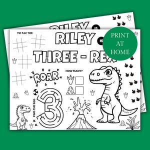 Attività personalizzata per la tovaglietta stampabile per la festa di compleanno dei Tre Rex Tovaglietta personalizzata per la festa dei Tre Rex Pagina da colorare con giochi per feste dei Tre Rex