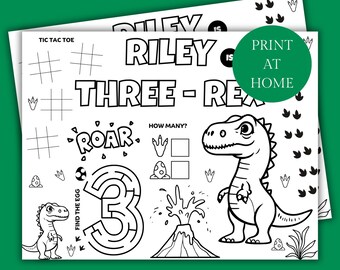 Personalised Three Rex Birthday Party Printable Placemat Activity Customised Three Rex Party Favor placemat Three Rex party games color page