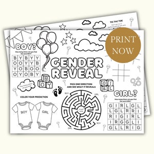 Gender Reveal Printable Activity Placemat, Gender reveal party placemat, Printable baby shower gender predictor coloring sheet for kids,