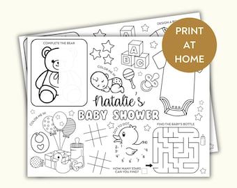 Baby Shower Personalised Printable Placemat Activity, Baby Shower kids games color page