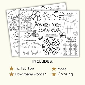Gender Reveal Printable Activity Placemat, Gender reveal party placemat, Printable baby shower gender predictor coloring sheet for kids, image 2