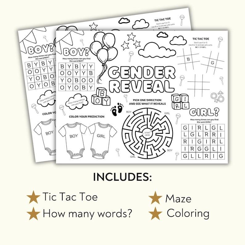 Gender Reveal Printable Activity Placemat, Gender reveal party placemat, Printable baby shower gender predictor coloring sheet for kids, image 2