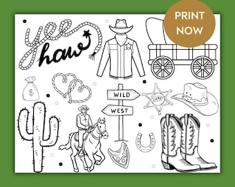 Rodeo coloring page, cowboy birthday color activity, kids western color page, cowgirl party favor, wild west coloring, rodeo event printable