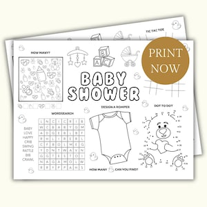 Baby Shower Printable Placemat Activity, Baby Shower placemat, Printable Baby Shower coloring for kids, Baby Shower kids games color page