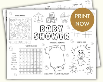 Baby Shower Printable Placemat Activity, Baby Shower placemat, Printable Baby Shower coloring for kids, Baby Shower kids games color page