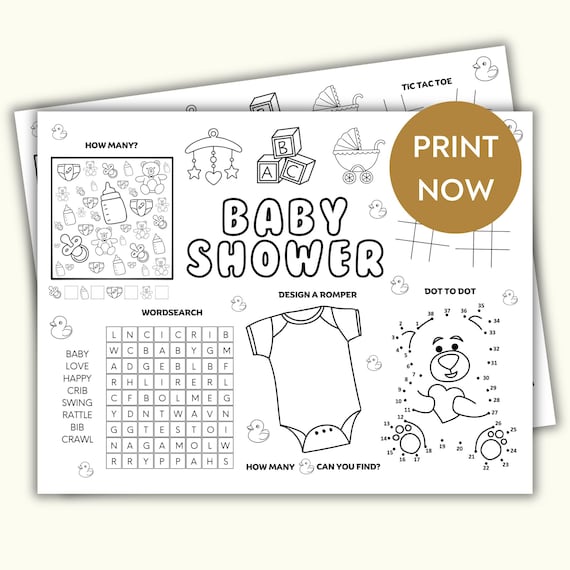 Baby Shower Printable Placemat Activity, Baby Shower placemat, Printable Baby Shower coloring for kids, Baby Shower kids games color page