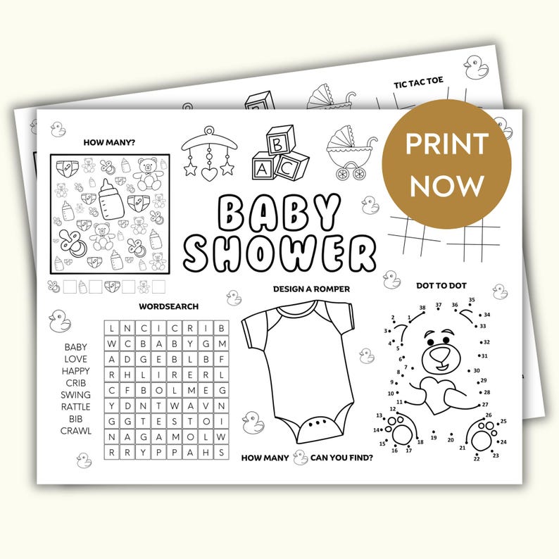 Baby Shower Printable Placemat Activity, Baby Shower placemat, Printable Baby Shower coloring for kids, Baby Shower kids games color page image 1