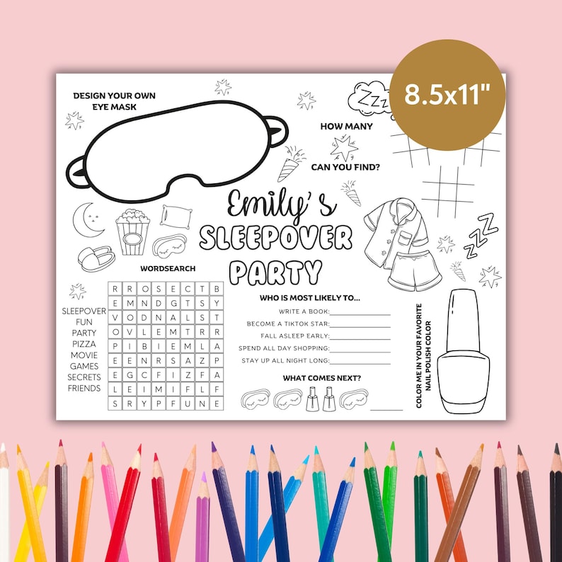 Personalised sleepover kids activity placemat, Customized kids printable slumber party fun sleepover placemat Made to Order Digital Download image 2