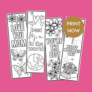 Printable kids mothers day bookmarks, color-in mothers day craft project, Mothers Day kids activity, DIY bookmarks for classroom mothers day