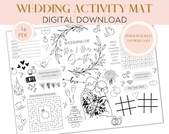 Kids wedding day activity mat, personalised printable wedding placemat, wedding entertainment for children, reception game, digital download