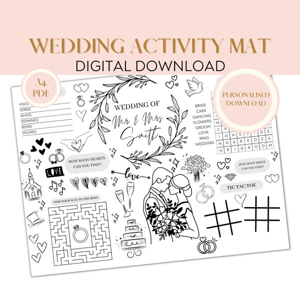 Kids wedding day activity mat, personalised printable wedding placemat, wedding entertainment for children, reception game, digital download
