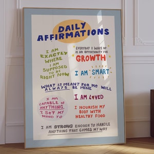Affirmationen, tägliche Affirmationen, handgezeichnete Wandkunst, positive Affirmation, Wohnzimmer, Therapie Bürodeko, druckbare Kunst, Geschenk für Freund