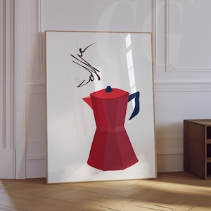 Handgetekende afdrukbare muurkunst, espressoposterprint, Italiaanse mokkapot wanddecor, keuken heldere koffiewagen kunst aan de muur, digitale download