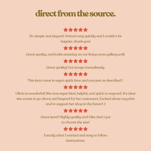 May include: A peach-colored background with the text "direct from the source." and customer reviews. The reviews include phrases like "Great quality" and "Exactly what I wanted."